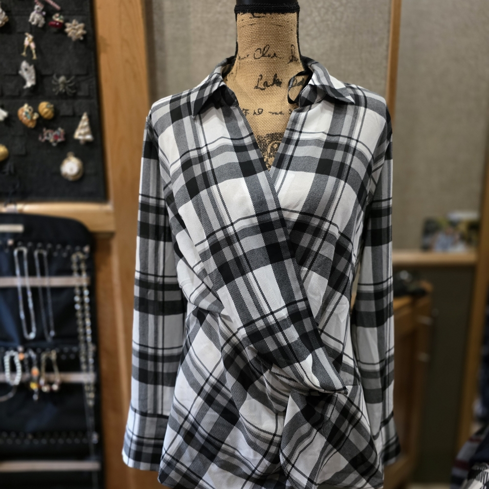 Laundry by Design Black and White Plaid Wrap Blouse